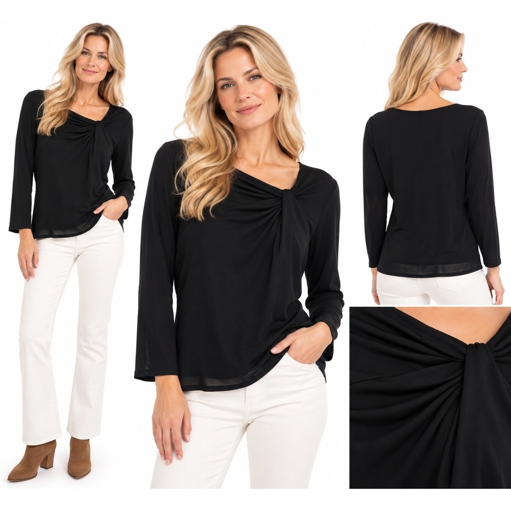 Lynn Ritchie Womens M Black 100% Silk Twist Front Long Sleeve Quiet Luxury Shirt